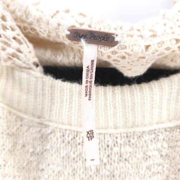 Free People Oversize Ivory Candy Crochet Lace Hoodie Kanga Pouch Tunic SweaterXS - Picture 7 of 12